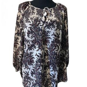 Liz Claiborne Black and Cream Paisley Front Tie Blouse 3/4 sleeve